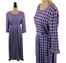 L 90S Long Purple Gingham Dress Large Rayon Maxi Cottagecore Modest Plaid Grunge Tie Back Button 1990S Clothes Women Vintage S.L. FASHIONS