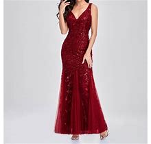 Wirdiell Maxi Dresses For Women,Wedding Guest Dresses V-Neck Embroidered Beaded Slim Sleeveless Fishtail Evening Dress Party Dress Red M