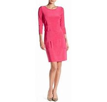 Tahari L 10 12 Hot Pink Sheath Tiered Dress 3/4 Sleeve Stretch Bandage