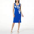 Nina Leonard Sheath Dress With Floral Applique - Deep Sea/Ivory - Size 2X