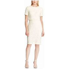 Ralph Lauren Womens Ivory Embroidered Textured Floral Short Sleeve Jewel Neck Knee Length Evening Sheath Dress 10