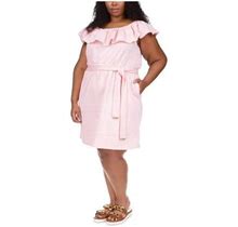 Michael Michael Kors Womens Pink Pocketed Textured Tie Waist Unlined Ruffled Striped Short Sleeve Off Shoulder Above The Knee Sheath Dress Plus 3X