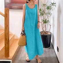 Kscykkkd Dresses For Women Female Sun Dress Sleeveless Solid Round Neckline Sun Dress Ankle Length Simple Pocket Dresses Blue XL