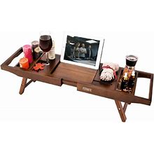FITNATE Luxury Bamboo Bathtub Caddy Bath Tub Organizer Tray With Stand Foot Extending Sides Brown