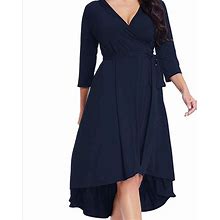 Navy 3/4 Sleeve High Low Hem Wrap Dress | Color: Blue | Size: 3X