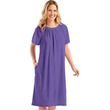 Collections Etc Women's Solid Color Comfort Fit Short-Sleeve Terry Cotton Summer Dress With Side Pockets And Elastic Scooped Neckline, Purple, Large