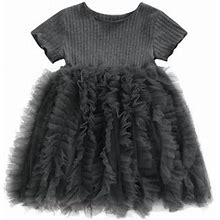 Canrulo Toddler Baby Girls Ruffle Princess Party Dress Short Sleeve Ribbed Ball Gown Tulle Tutu Dresses Clothes Dark Gray 3-4 Years