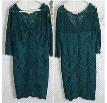 Adrianna Papell Dress 14 Ruched Teal 3/4 Sleeve Stretch Formal Lace