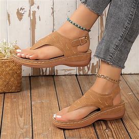 Women's Wedge Buckle Strap Thong Sandals, Solid Color Open Toe Anti-Skid Arch Support Shoes, Casual Summer Sandals,Light Brown,Unique,Temu