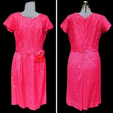 Vintage 60'S / Magenta Pink Lace & Satin Party Prom Sheath Dress / M-L / Mother Of The Bride