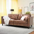 Yodolla 84.2"Tufted Leather Mid-Century Sofa Couch W/ 2 Bolster
