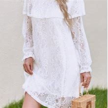 Solid Color Boat Neck Hollow Out Contrast Lace Dress, Women's Elegant Women's Clothing Long Sleeve Dress,White,Reliable,Temu