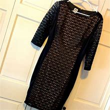 Anne Klein Dresses | Anne Klein Classic Sheath Dress Lace Overlay 3/4 Length Sleeve Sz 12 | Color: Black/Tan | Size: 12