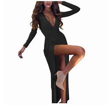 Forestyashe Womens Dresses Casual Sequin Party High Slit Long Sleeve Classic V-Neck Prom Dress
