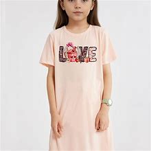 LOVE & Heart Coffee Graphic Short Sleeve Dress, Girls Comfy Loose Fit Crew Neck Dress Summer Clothes Gift Valentine's Day Budget-Friendly,Temu