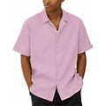 Linmoua Mens Short Sleeve Shirts Fishing Casual Collarless Standing Collar Summer Top Button Down Dress Shirt Summer Blouses Pink L