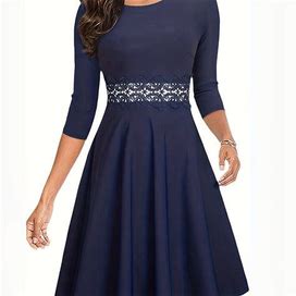 Solid Color Lace Dress, Women's Elegant Women's Clothing Dress For Party,Blue,Reliable,Temu