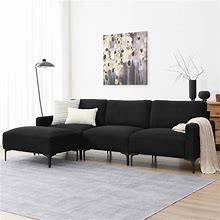104" L-Shaped Sectional Sofa Couch Set, 4-Seat Velvet Upholstered Couch Set With Convertible Ottoman, Black-Modernluxe