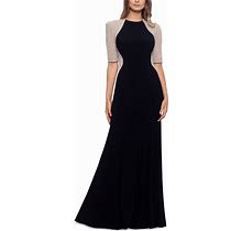 Xscape Petite Beaded-Sleeve Gown - Black Nude Silver