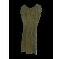 Womens Talbots Olive Green 100% Silk Dress Smocked Waist Sz Small