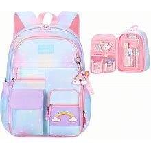 Girls School Backpack,Cute Backpacks For Girls,Elementary School Bag For Teen Girls,Gradient Kids Bookbag With Compartments