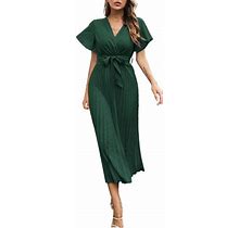 Sayhi Women's Summer Pleated Maxi Dress Wrap V Neck Ruffle Cap Sleeves Long Flowy Chiffon Womens Dresses Plus Size