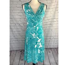 Talbots Aqua Blue Floral Print Faux Wrap Sleeveless Dress Stretch Cotton Sp.