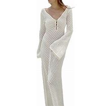 Komoo Women Crochet Long Dress Long Sleeve V-Neck Hollow Out Knit Bodycon Dress Going Out Dress