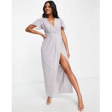 TFNC Bridesmaid Chiffon Wrap Front Maxi Dress With Flutter Sleeves In Gray