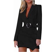 Qleicom Womens Long Sleeve Zipper Up Button Front Elegant Solid Blazer Mini Dress, Casual Work Formal Dress, Summer Dresses For Women 2022 Gifts On Cl