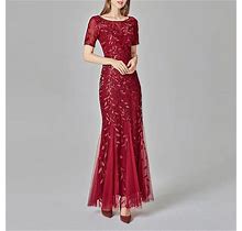 Premium Flroal Sequins Mesh Patchwork Short Sleeves Mermaid Maxi Dress | Luxury Evening Gowns Cocktail Party Dress, Burgundy / L