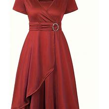 Solid Color V-Neck Asymmetrical Hem Dress, Women's Elegant Skinny Tie Waist Women's Clothing Dress For Party,Red,High Demand,Temu