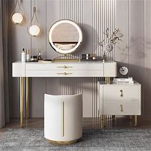 Vanity Set Desk With 4 Solid Wood Drawers, White Makeup Vanity With Mirror And Lights, Dresser Table With Free Retractable Side Cabinet, Simplicity D