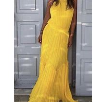 Halston Evening Collection Formal Dress Yellow Pleated Racer Back