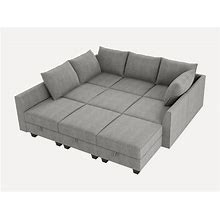 HONBAY U-Shaped 9-Seat Modular Sectional Sofa With Storage Ottoman, Modular Sleeper Sofa With Bed, Grey