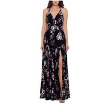 Betsy & Adam Womens Black Ruched Slitted Open Back Floral Sleeveless V Neck Full-Length Evening A-Line Dress 0