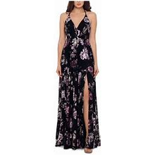 Betsy & Adam Womens Black Ruched Slitted Open Back Floral Sleeveless V Neck Full-Length Evening A-Line Dress 0
