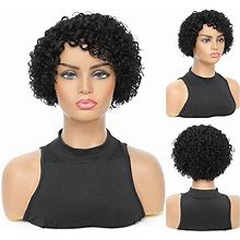 Curly Wig Human Hair Wigs, 8 Inch Short Bob Pixie Cut Brazilian Human Hair Wig, Black Afro Kinky None Lace Front Wigs For Women, Deep Wave Side Part