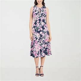 London Style Petite Sleeveless Floral Midi Fit + Flare Dress | Blue | Petites 14 Petite | Dresses Fit + Flare Dresses | Easter Fashion