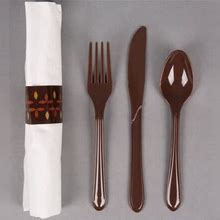 Hoffmaster 119975 Caterwrap 17" X 17" Pre-Rolled Earthtone Linen-Like White Napkin And Brown Heavy Weight Plastic Cutlery Set - 100/Case