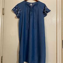 Old Navy Dresses | Old Navy Chambray Embroidered Sleeves With Lace Up Front Size M | Color: Blue | Size: M