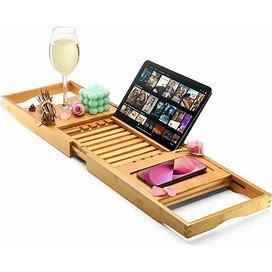 Luxury Foldable Bathtub Tray Caddy - Waterproof Wooden Bath Organizer For Wine, Book, Soap, Phone - Expandable Size Fits Most Tubs
