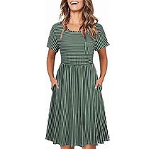 OUGES Womens Casual Summer Sundress Round Neck Short Sleeve Dress Knee Length Swing Dress(Stripe02, M)