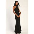 Black Asymmetrical Cutout Halter Maxi Dress | Womens | Medium (Available In L) | 100% Polyester | Lulus