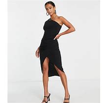 In The Style Petite X Yasmin Devonport Exclusive Ruched One Shoulder Asymmetric Drape Midi Dress In Black - Black (Size: 10)