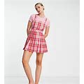COLLUSION Pleated Pinafore Summer Dress In Pink And Red Check-Multi - Multi (Size: 6)