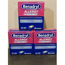 (3) Benadryl Allergy Liquigels Dye-Free Sealed 48 Capsules EACH Exp: 12/2024