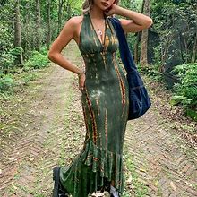 Tie Dye Deep V Neck Backless Pleated Dress, Women's Halter Neck Sexy Backless Halter Spring Summer Women's Clothing Dress,Army Green,Must-Have,Temu