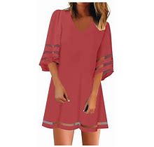 Yubnlvae Dresses For Women Casual Crewneck Mesh Patchwork 3/4 Bell Sleeve Loose A-Line Tunic Dress - Red Xl