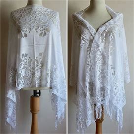 White Lace Shawl Scarf / Wedding Bridal Shawl / Lace Shawl Scarf / Floral Tulle Shawl / Bridesmaid Gift / White Tulle Lace Shawl Scarf